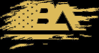 Gold BA logo with American flag stars and distressed brush stroke texture on black background