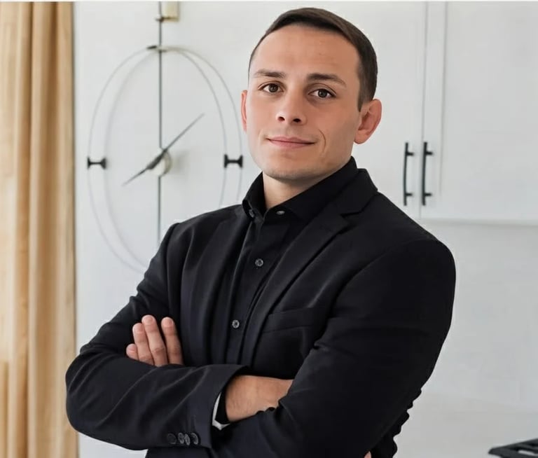 Man in black shirt with arms crossed posing for portrait in modern interior with wall clock
